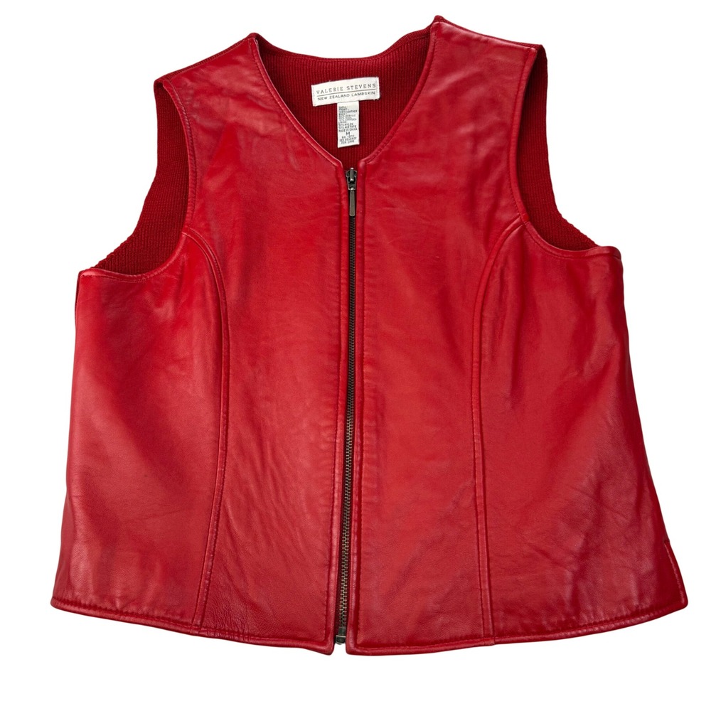 Valerie Stevens NZ Lambskin Leather Zip Vest Red Knit Back Boho Moto M